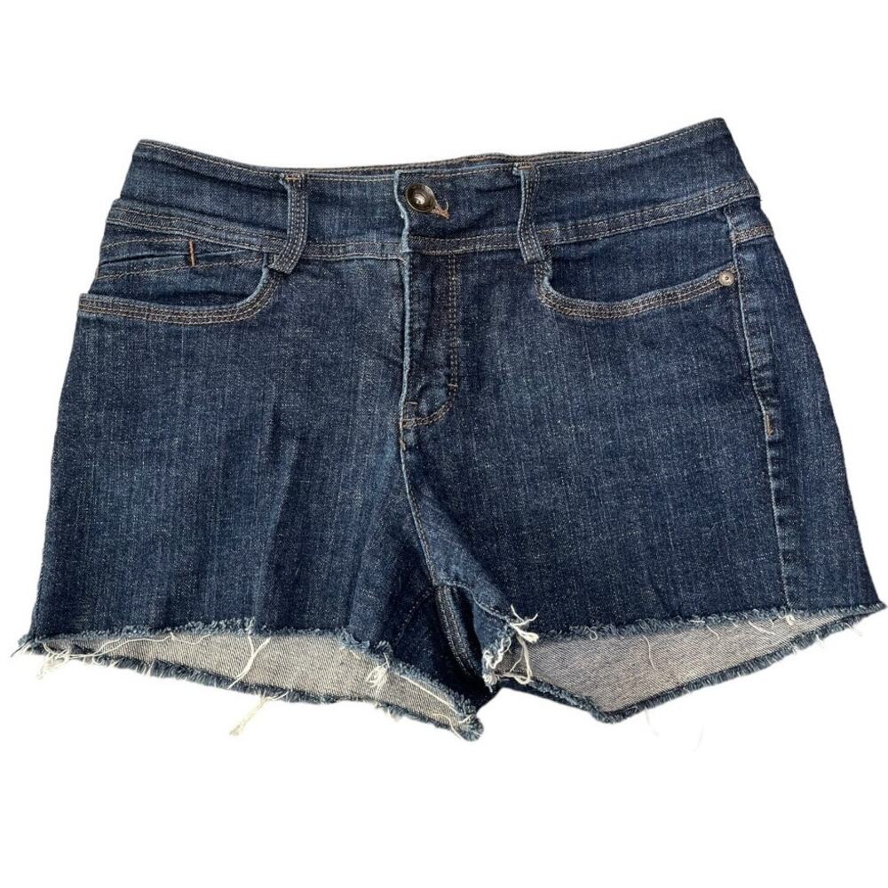 Nine West raw hem cutoff blue denim jean shorts stretch button pockets size 4